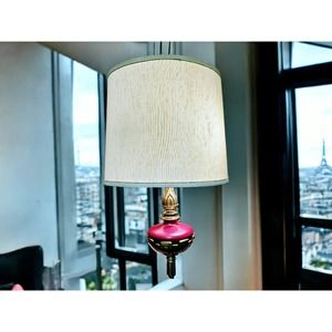 MCM Westwood Enameled Burgundy and Brass 2 Light Swag Pendant Hanging Lamp